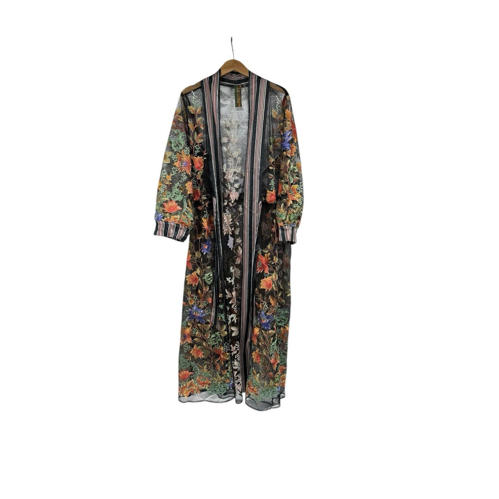 Aratta Silent Journey Sheer Mesh Colorful Floral Embroidered Duster Kimono Large